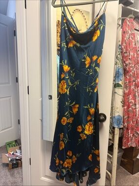Astr Teal Slip Midi Dress with Yellow Floral Print